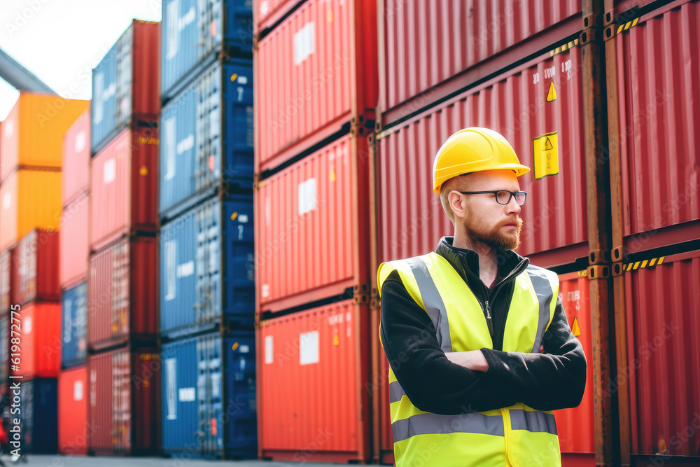 Male logistics coordinator managing harbor operations, surrounded by shipping containers, Generative AI Male logistics coordinator managing harbor operations, surrounded by shipping containers, Generative AI