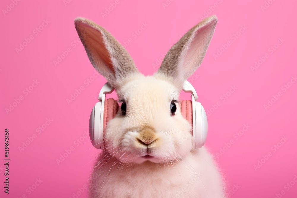 Fototapeta Young white Rabbit Listening to Music On Headphones. Pink Isolated Background