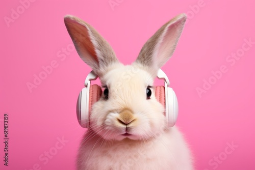 Young white Rabbit Listening to Music On Headphones. Pink Isolated Background