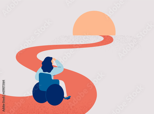Woman sits in the wheelchair and looks on sunrise..Girl with limited mobility looks into future  and searches opportunities for personal growth. Development lifestyles pathway. Vector