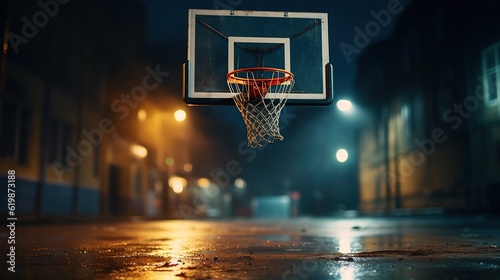 view of the basketball hoop at an empty urban outdoor court at night Generative AI © pector