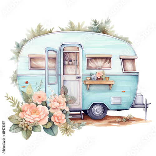 super cute Spring Caravan, Summer Holiday Caravan Traveling Watercolor, truck travel, Travel trailer watercolor illustration.
