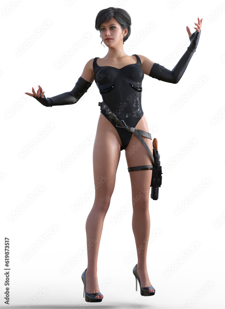 futuristic woman in a black dress and shoes armed with gun, 3d rendering futuristic woman in a black dress and shoes armed with gun, 3d rendering