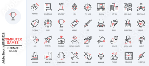 Valokuva Game technology for computer and mobile phone trendy red black thin line icons set vector illustration