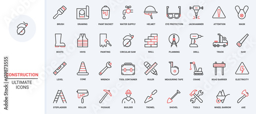 Building construction and repair trendy red black thin line equipment and tools icons set. Builder in helmet, protection boots, roulette level, crane, electricity brickwork symbols vector illustration