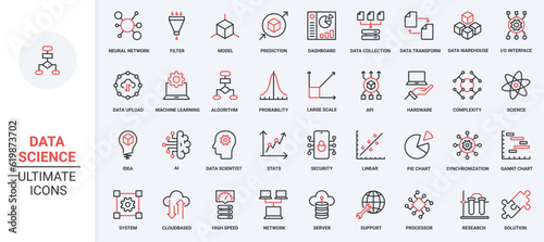 Data report and science model research, deep analysis with AI trendy red black thin line icons set vector illustration. Machine learning, probability calculation, algorithms and system prediction. photo