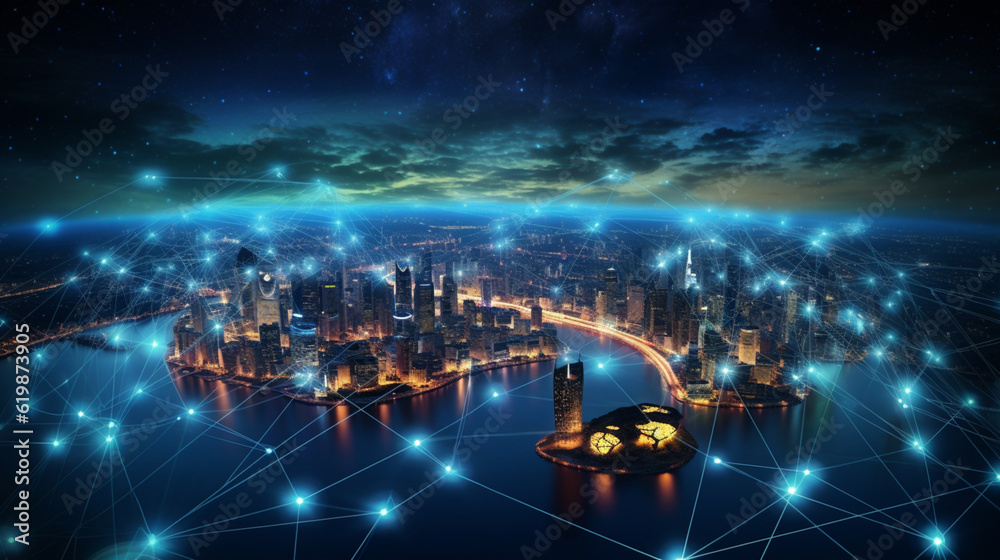 夜の地球グローバル仮想インターネット世界接続メタバース テクノロジー ネットワーク デジタル通信と接続 3D 背景上の世界的なネットワーキング。NASA から提供されたこの画像の要素GenerativeAI