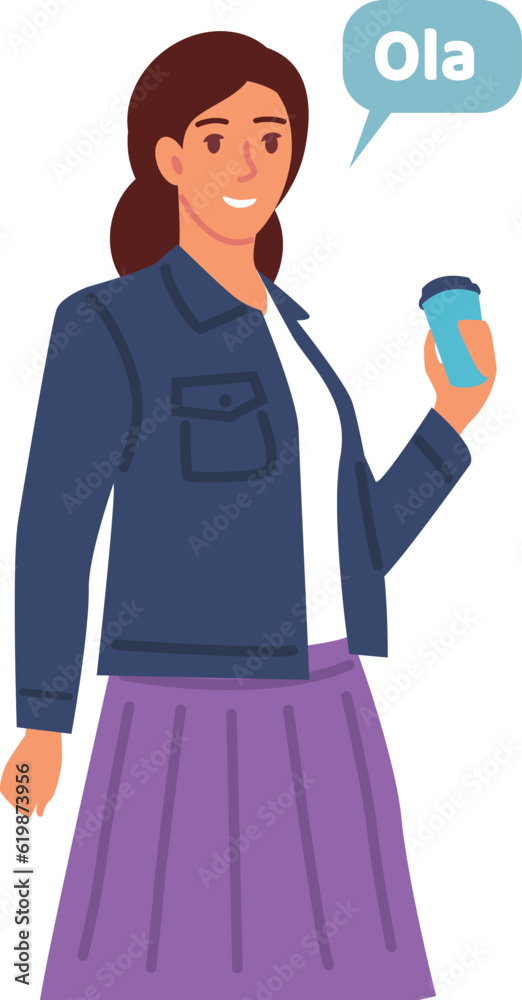 Woman saying Ola. Girl with coffee cup tell Hello on spanish Woman saying Ola. Girl with coffee cup tell Hello on spanish