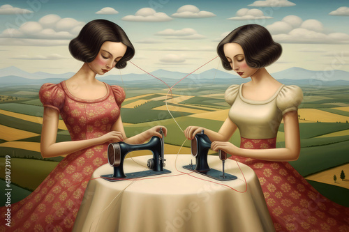 sewing machine that sews two roads together, pop surrealism