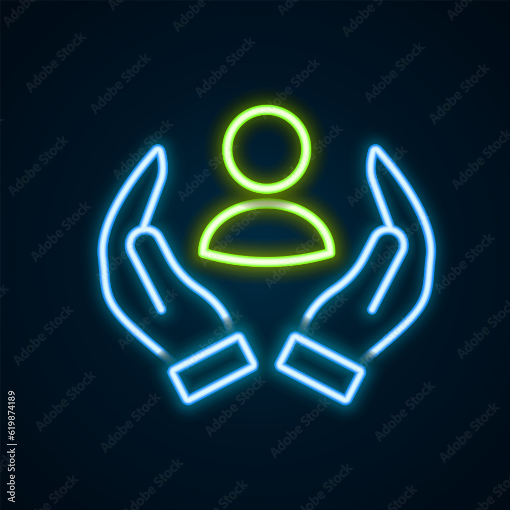 Glowing neon line Life insurance icon isolated on black background. Security, safety, protection, protect concept. Colorful outline concept. Vector Glowing neon line Life insurance icon isolated on black background. Security, safety, protection, protect concept. Colorful outline concept. Vector