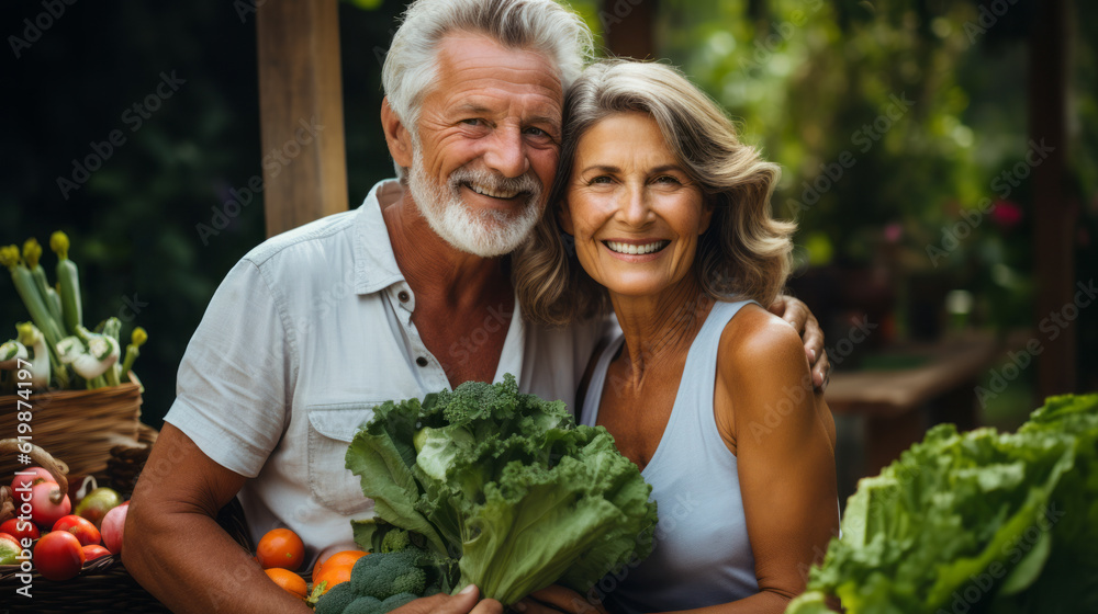 Senior couple, radiating happiness and love, as they embrace while proudly displaying the bountiful vegetables they grew in their lush garden