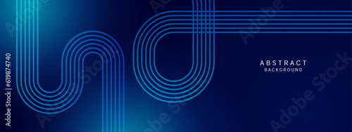 Dark blue abstract background with glowing geometric lines. Modern shiny blue diagonal rounded lines pattern. Futuristic technology concept. Suit for cover, poster, presentation, banner, website