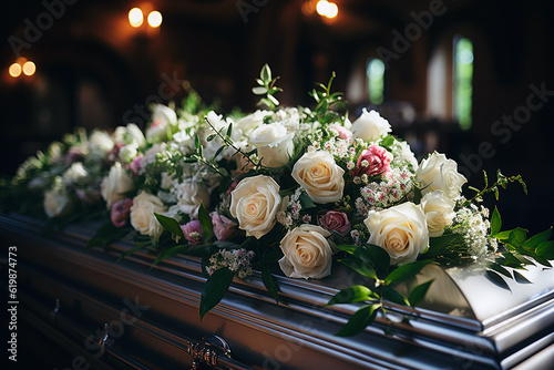 Foto Coffin with a flower arrangement close up, funeral arrangement