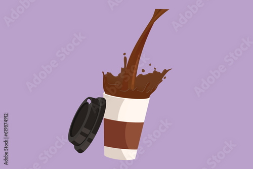 Character flat drawing of pouring coffee into paper cup causing splash. Coffee pouring into disposable paper cup and creating splashes. Zero waste beverage concept. Cartoon design vector illustration