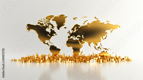 金融経済銀行貿易市場のお金の概念または黄金の株式国際外貨準備資産価格の白い 3 d 通貨背景に分離されたグローバル ビジネス金投資世界地図GenerativeAI photo