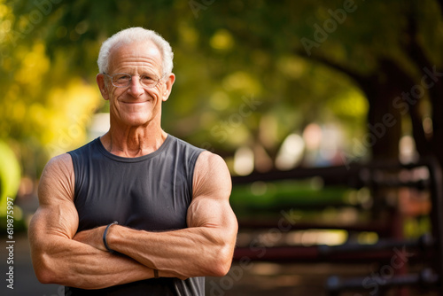 Portrait of a fit male senior citizen, displaying strength and an active lifestyle. Generative AI