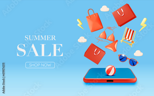 Shopping bag for summer sale banner in 3d art style