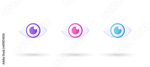 3d editable illustration eye icon purple, pink and blue, 3d, vector, suitable for web illustrations, hero pages, landing pages. 3d vision vector illustration.