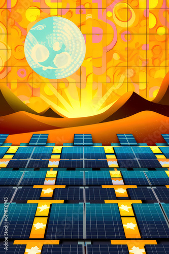a desert scene with colorful solar panel and a sun at the top