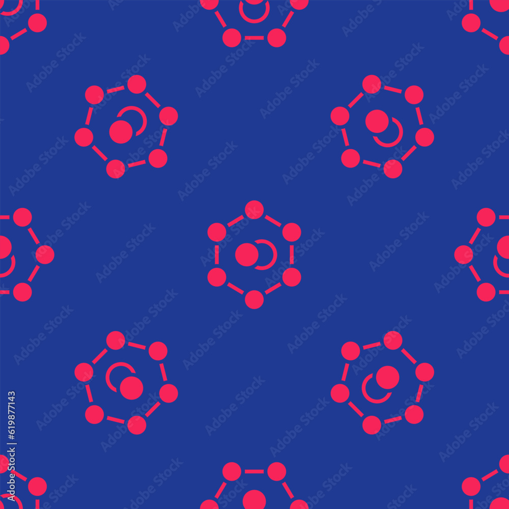 Red Molecule icon isolated seamless pattern on blue background. Structure of molecules in chemistry, science teachers innovative educational poster. Vector