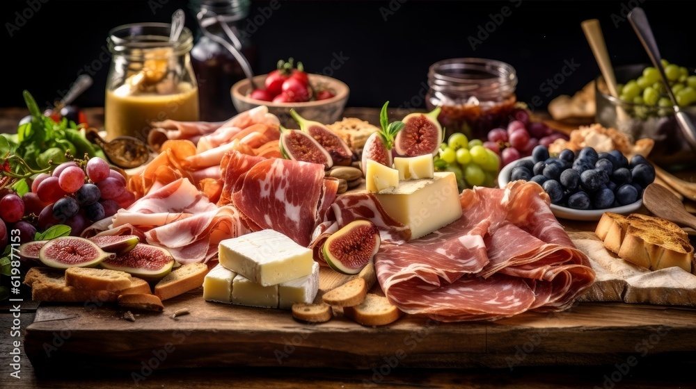Affettati Misti with various cured meats, cheeses, and olives on a wooden board Affettati Misti with various cured meats, cheeses, and olives on a wooden board