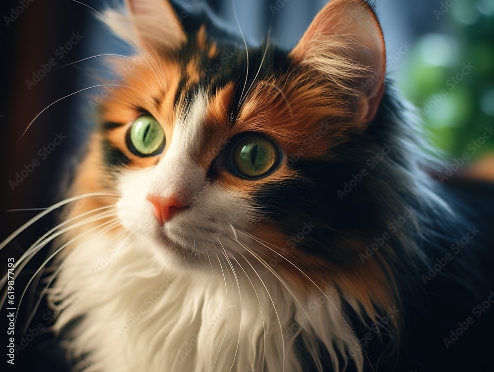 Close-up of a calico cat with long fur (Generative AI)