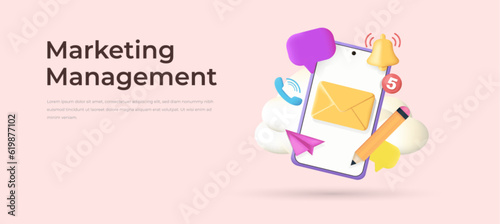 Social media creative idea. Realistic 3d design. Concept Online social network. Business communication applications. Marketing time. Mobile phone with volumetric icons. Vector illustration