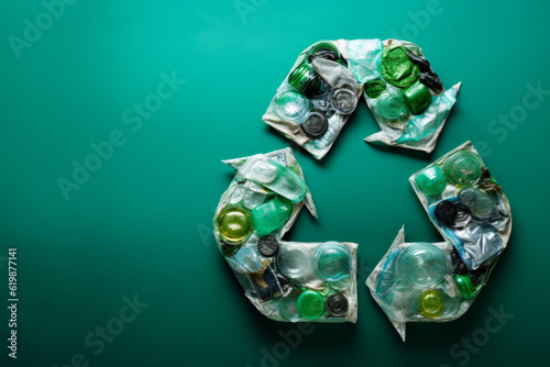 Recycling symbol made from plastic bottles and waste plastic. recycling litter concept