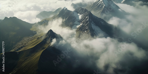 Panorama of snowy mountain peaks in cloud landscape. Travel or adventure concept.