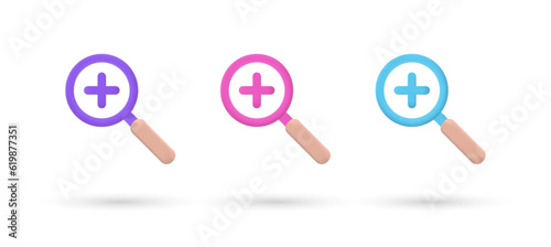 3D Editable Zoom In Icons purple, pink and blue, 3d, vector, suitable for web illustrations, hero pages, landing pages. Magnifying search icon. 3D trendy design.