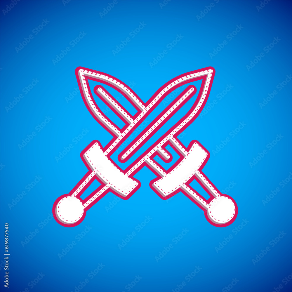 White Crossed medieval sword icon isolated on blue background. Medieval weapon. Vector White Crossed medieval sword icon isolated on blue background. Medieval weapon. Vector