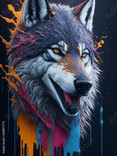 Wolf head watercolor splash art , abstract background © madedee