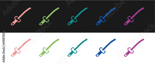 Set Traditional Japanese katana icon isolated on black and white background. Japanese sword. Vector