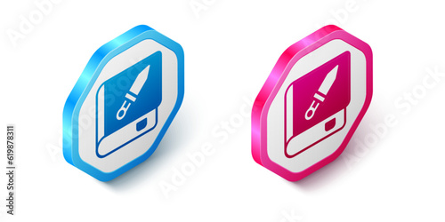 Isometric Book about weapon icon isolated on white background. Small firearm. Weapon catalog. Hexagon button. Vector