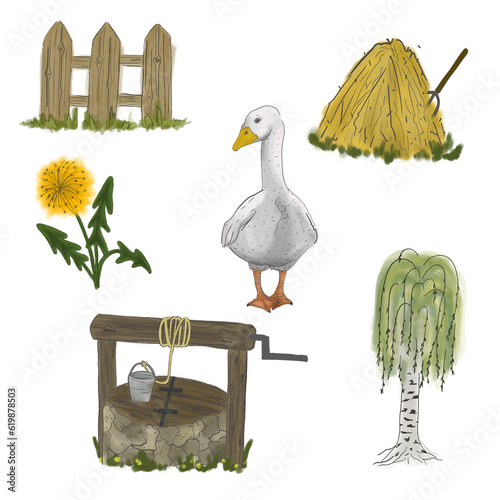 Country life illustration set. Countryside and its common details. Rural theme drawing collection.