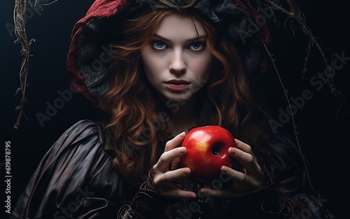 Canvas Print A good looking young woman witch offers a poisoned red apple