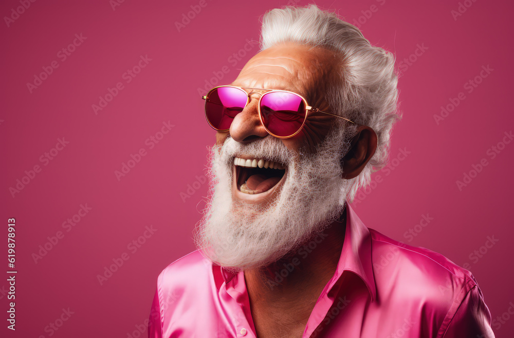senior male, smiling, dressed in pink and sunglasses on a pink background. Generative AI senior male, smiling, dressed in pink and sunglasses on a pink background. Generative AI