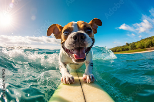 Photo funny dog rides a surfboard on the ocean waves summer vacation concept photography