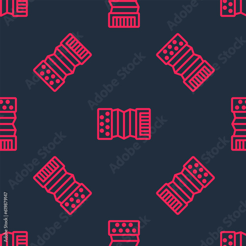 Red line Musical instrument accordion icon isolated seamless pattern on black background. Classical bayan, harmonic. Vector