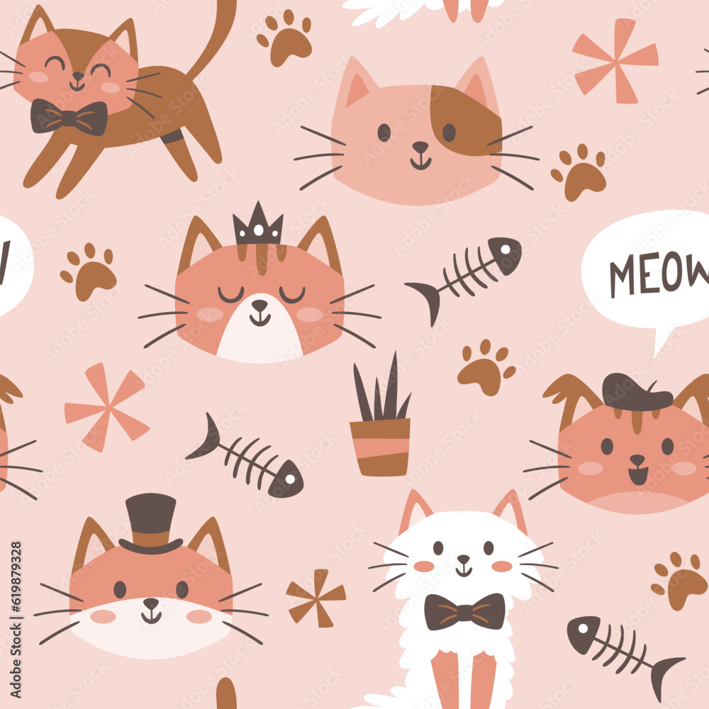 Cute kitties seamless pattern. Pet objects and cats isolated on light pink background. Nursery decoration. Square repeat pattern design. Vector illustration. Cute kitties seamless pattern. Pet objects and cats isolated on light pink background. Nursery decoration. Square repeat pattern design. Vector illustration.