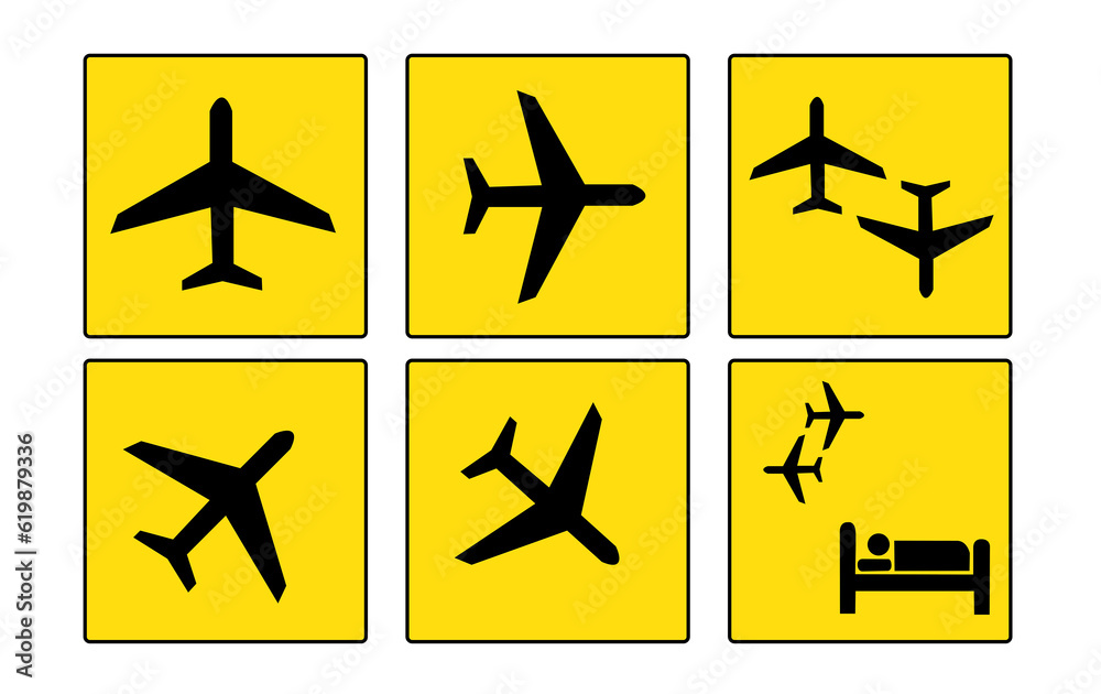 Fototapeta premium Señales de información del aeropuerto amarillo sobre un fondo blanco.. Vista de frente y de cerca