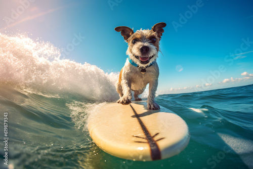 Photo funny dog rides a surfboard on the ocean waves summer vacation concept photography © yuniazizah