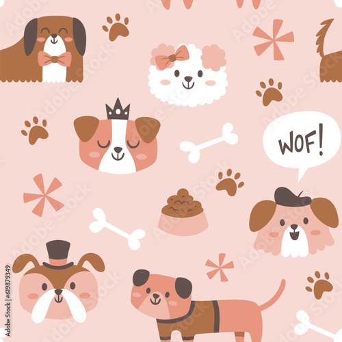 Cute doggies seamless pattern. Pet objects and dogs isolated on light pink background. Nursery decoration. Square repeat pattern design. Vector illustration.