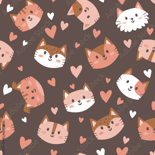Lovely cat faces seamless pattern. Cartoon kitties and hearts on brown background. Nursery decoration. Square repeat pattern design. Vector illustration.