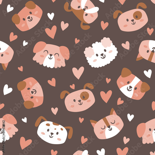 Lovely dog faces seamless pattern. Cartoon dogs and hearts on brown background. Nursery decoration. Square repeat pattern design. Vector illustration.