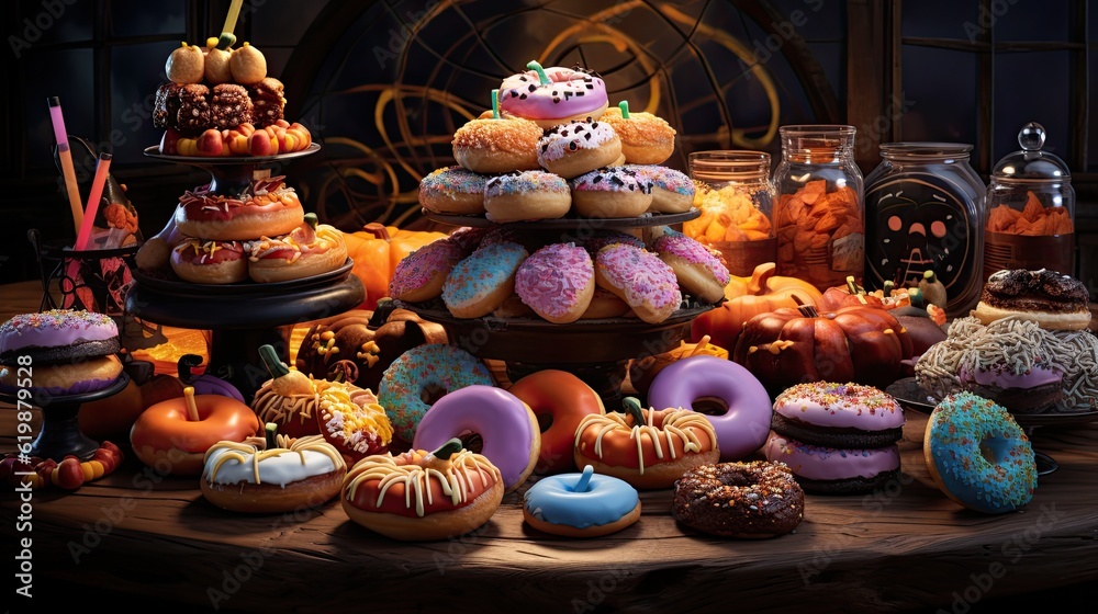 Festive display of Halloween donuts, vibrant colors, candy decorations, whimsical motifs like witches hats and ghosts.