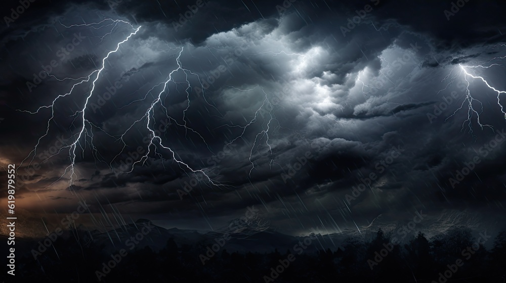 Vivid and electrifying lightning strikes piercing through a dark night sky filled with ominous black clouds, Halloween design.