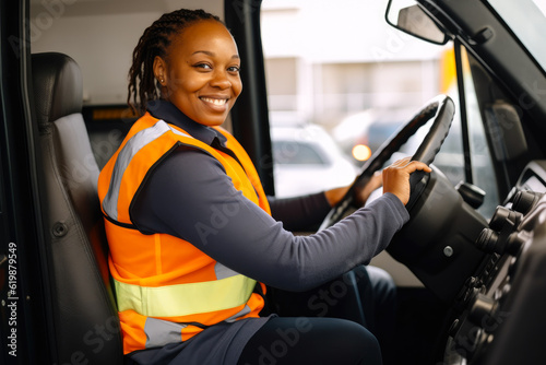 Candid shot of a confident african american female delivery truck driver. Generative AI