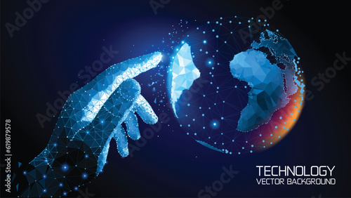 Dark blue abstract technology background. Vector. Polygonal image. A virtual human hand touches the Planet Earth with a finger. Wireframe plexus image of planet map.Virtual reality.
