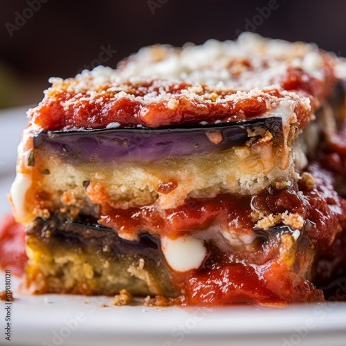 slice of Melanzane alla Parmigiana, showcasing the layers of eggplant, mozzarella, and tomato sauce